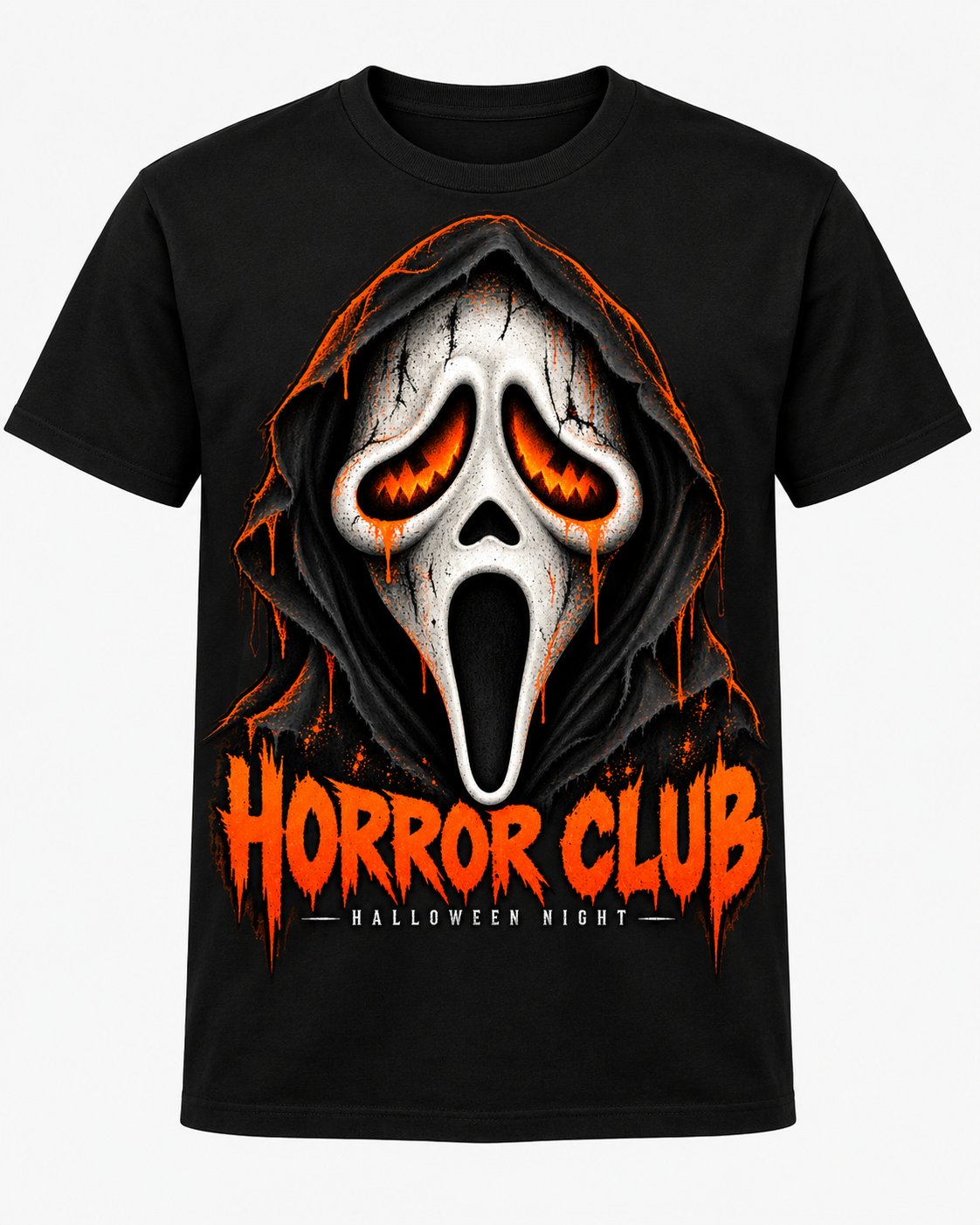 Men’s Horror Club Halloween Graphic T-Shirt – Pumpkin Eyes Ghost Mask Tee