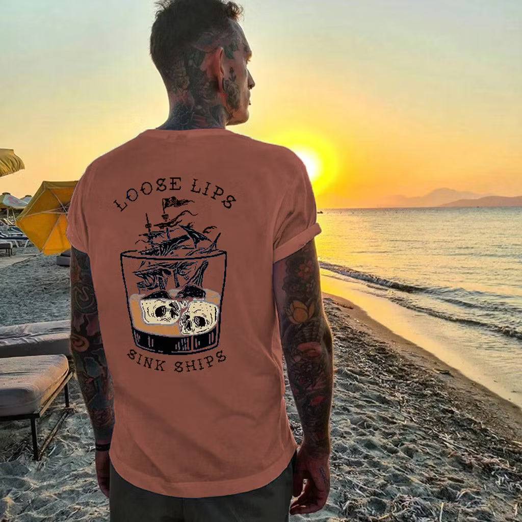 LOOSE LIPS SINK SHIPS Skulls Ship in the Water Graphic White Print T-shirt