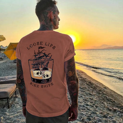 LOOSE LIPS SINK SHIPS Skulls Ship in the Water Graphic White Print T-shirt