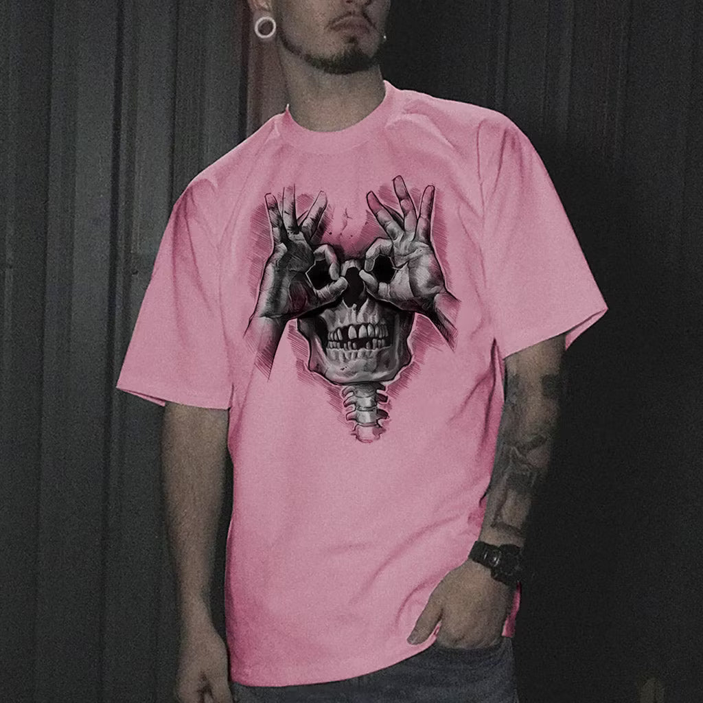 Skull with OK Pattern Graphic Casual Black Print T-shirt