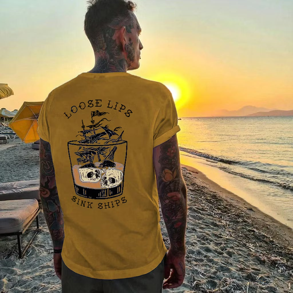 LOOSE LIPS SINK SHIPS Skulls Ship in the Water Graphic White Print T-shirt