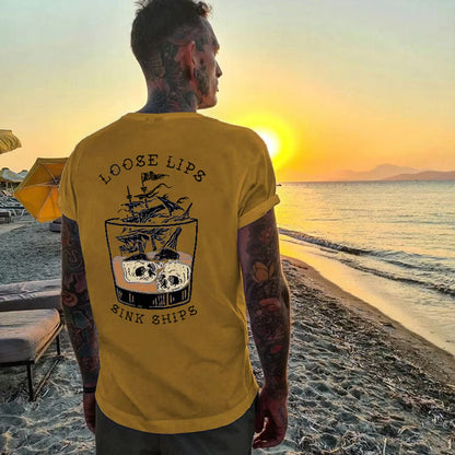 LOOSE LIPS SINK SHIPS Skulls Ship in the Water Graphic White Print T-shirt