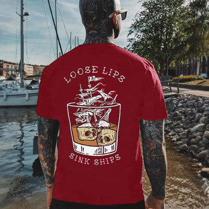 LOOSE LIPS SINK SHIPS Skulls Ship in the Water Graphic White Print T-shirt