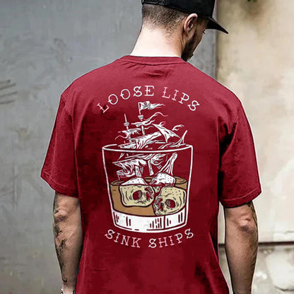 LOOSE LIPS SINK SHIPS Skulls Ship in the Water Graphic White Print T-shirt