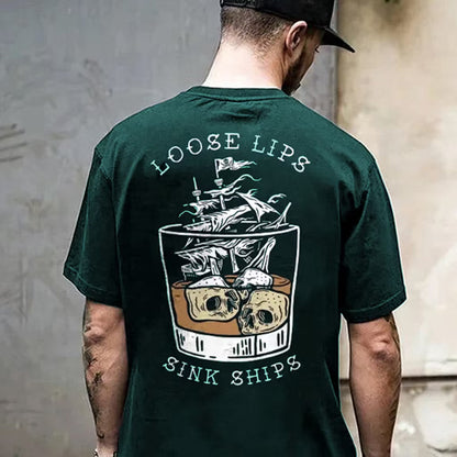 LOOSE LIPS SINK SHIPS Skulls Ship in the Water Graphic White Print T-shirt