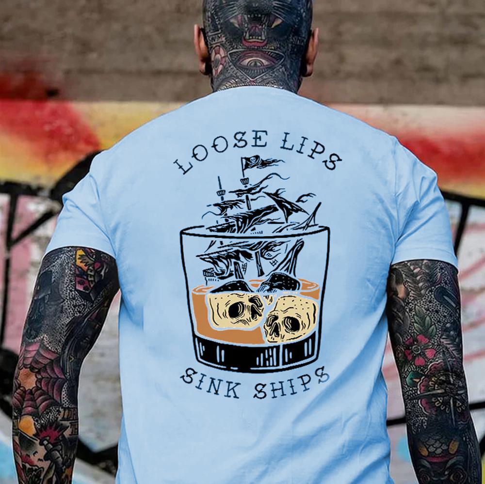 LOOSE LIPS SINK SHIPS Skulls Ship in the Water Graphic White Print T-shirt