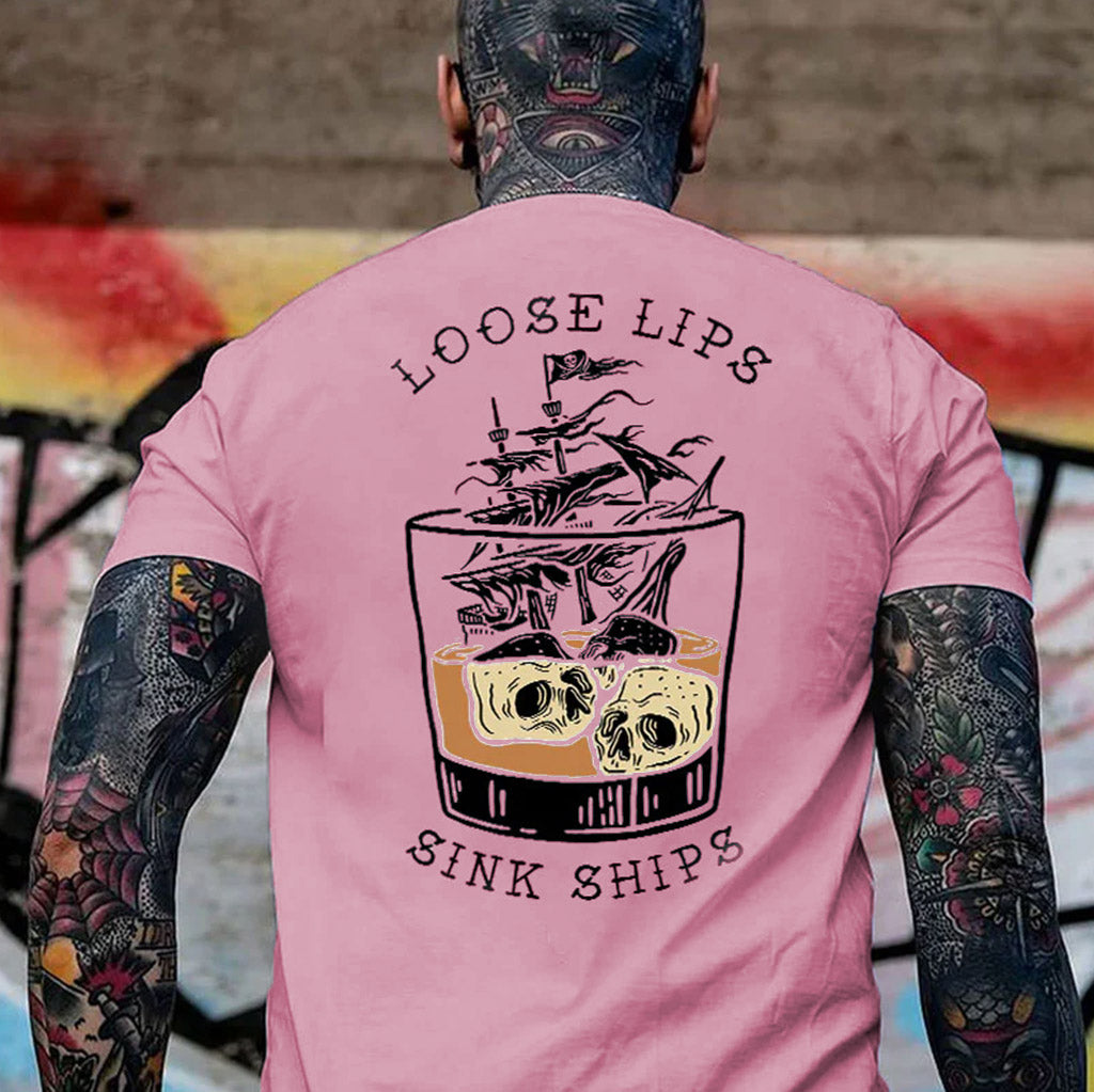 LOOSE LIPS SINK SHIPS Skulls Ship in the Water Graphic White Print T-shirt