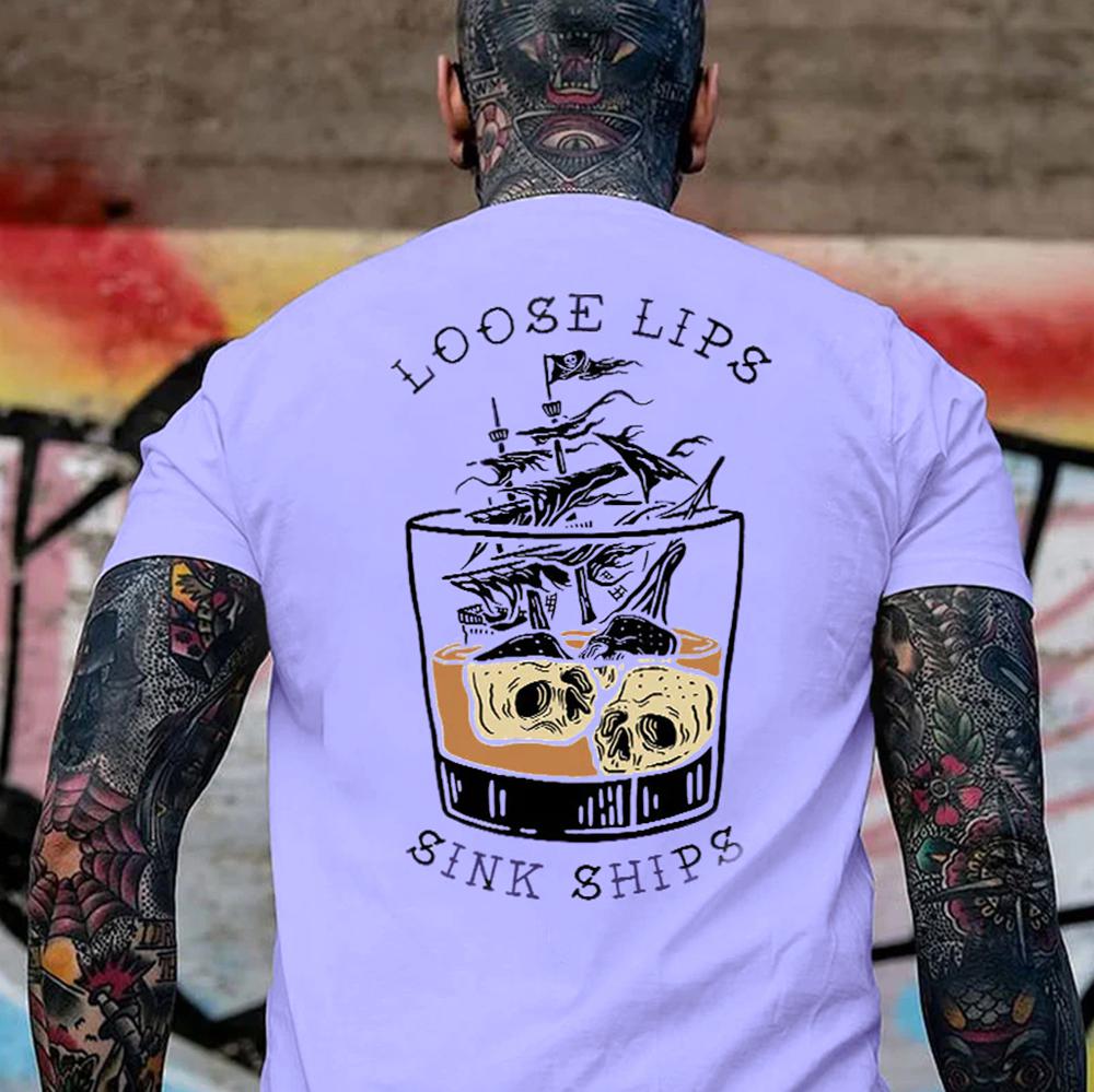 LOOSE LIPS SINK SHIPS Skulls Ship in the Water Graphic White Print T-shirt