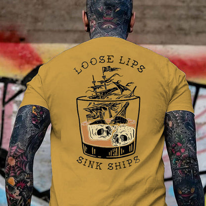 LOOSE LIPS SINK SHIPS Skulls Ship in the Water Graphic White Print T-shirt