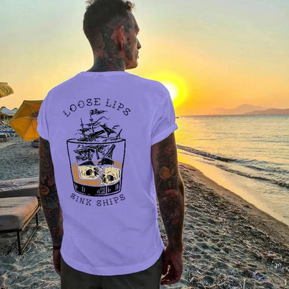 LOOSE LIPS SINK SHIPS Skulls Ship in the Water Graphic White Print T-shirt