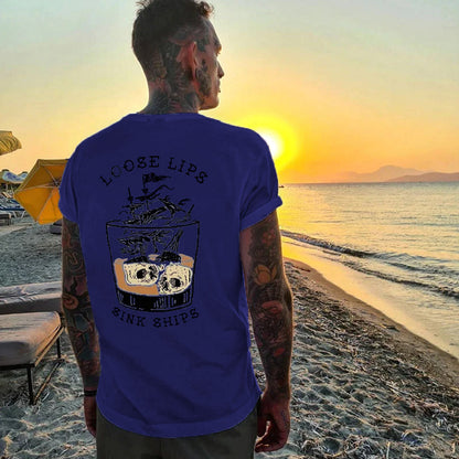 LOOSE LIPS SINK SHIPS Skulls Ship in the Water Graphic White Print T-shirt