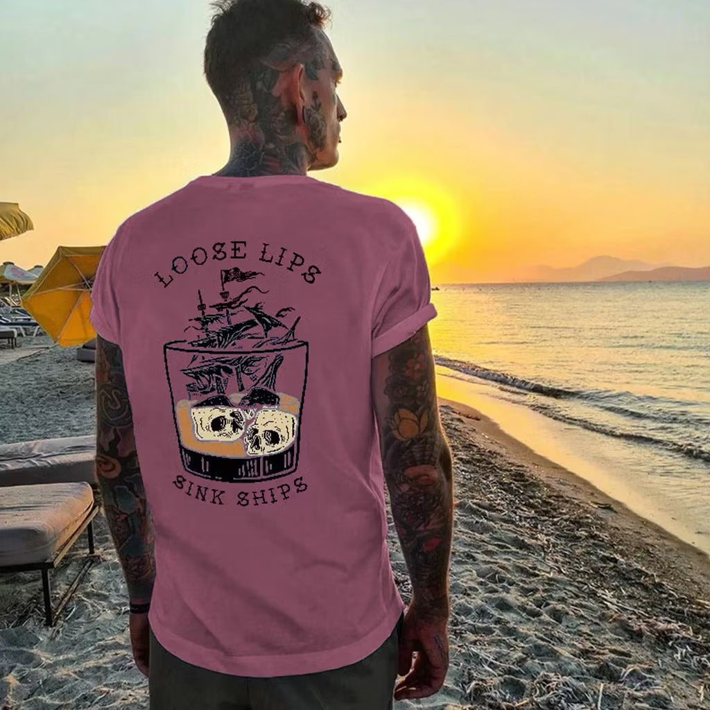 LOOSE LIPS SINK SHIPS Skulls Ship in the Water Graphic White Print T-shirt