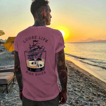 LOOSE LIPS SINK SHIPS Skulls Ship in the Water Graphic White Print T-shirt