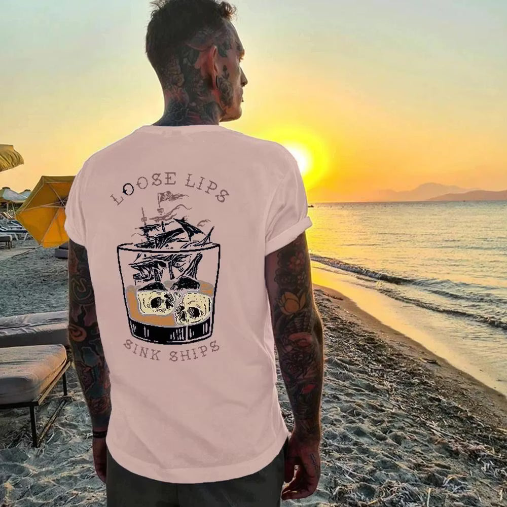 LOOSE LIPS SINK SHIPS Skulls Ship in the Water Graphic White Print T-shirt