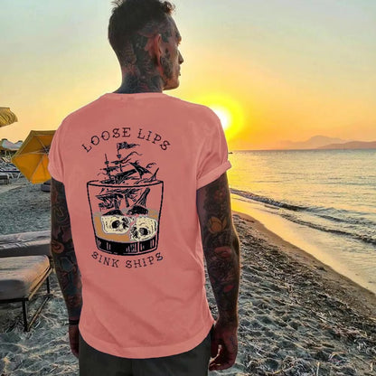 LOOSE LIPS SINK SHIPS Skulls Ship in the Water Graphic White Print T-shirt