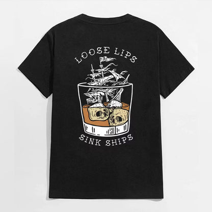 LOOSE LIPS SINK SHIPS Skulls Ship in the Water Graphic White Print T-shirt