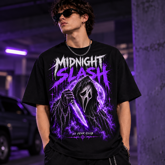 Midnight Slash Men’s Horror Graphic Tee – Purple Neon Halloween Streetwear T-Shirt