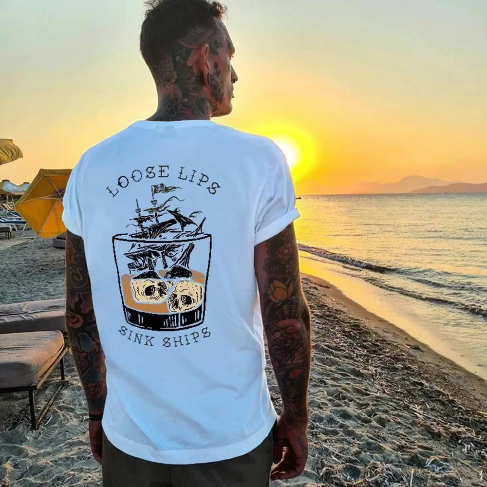 LOOSE LIPS SINK SHIPS Skulls Ship in the Water Graphic White Print T-shirt