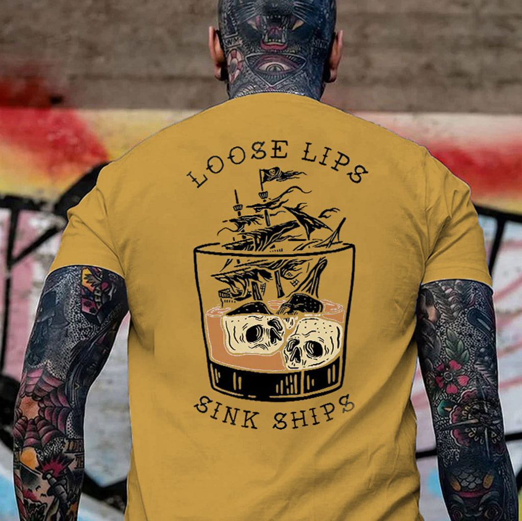 LOOSE LIPS SINK SHIPS Skulls Ship in the Water Graphic White Print T-shirt