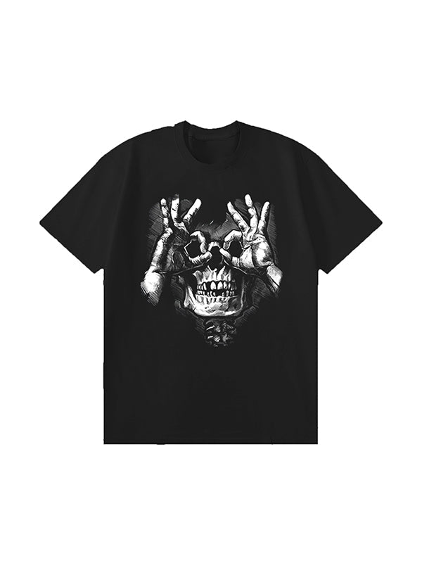 Skull with OK Pattern Graphic Casual Black Print T-shirt
