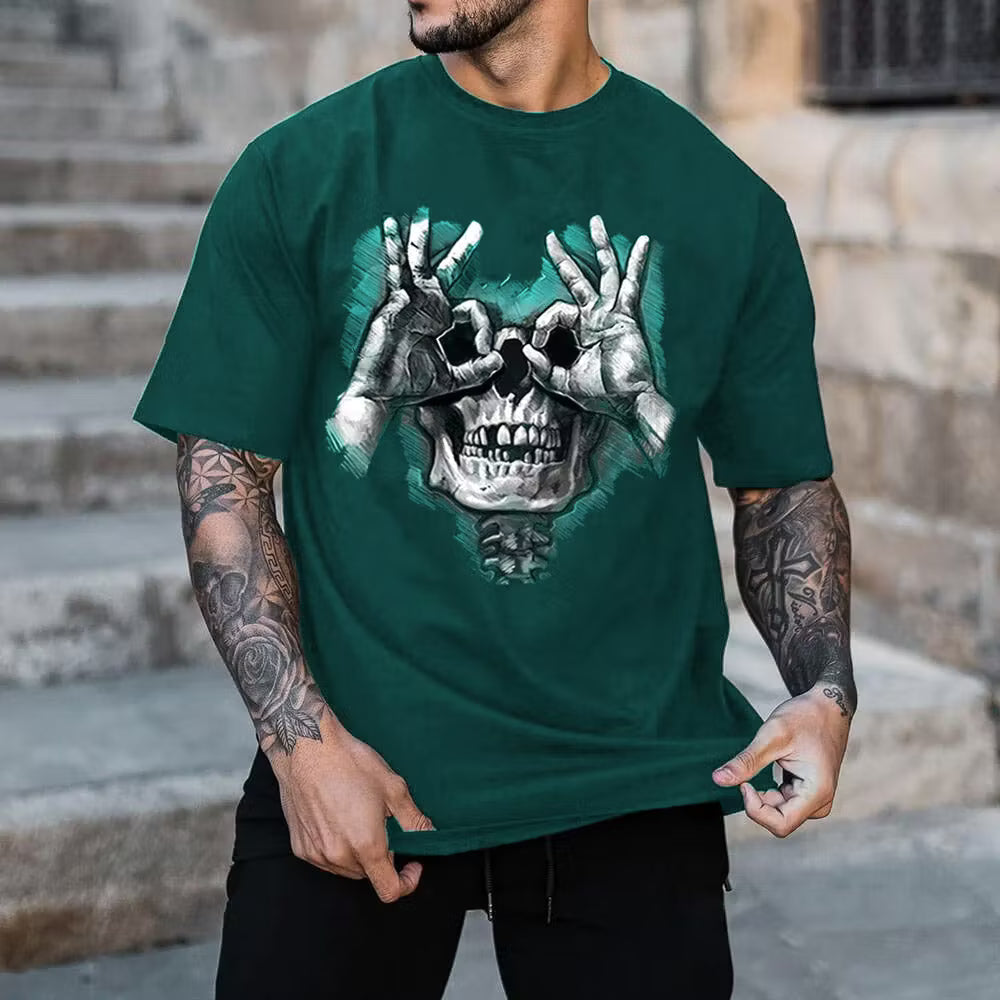Skull with OK Pattern Graphic Casual Black Print T-shirt