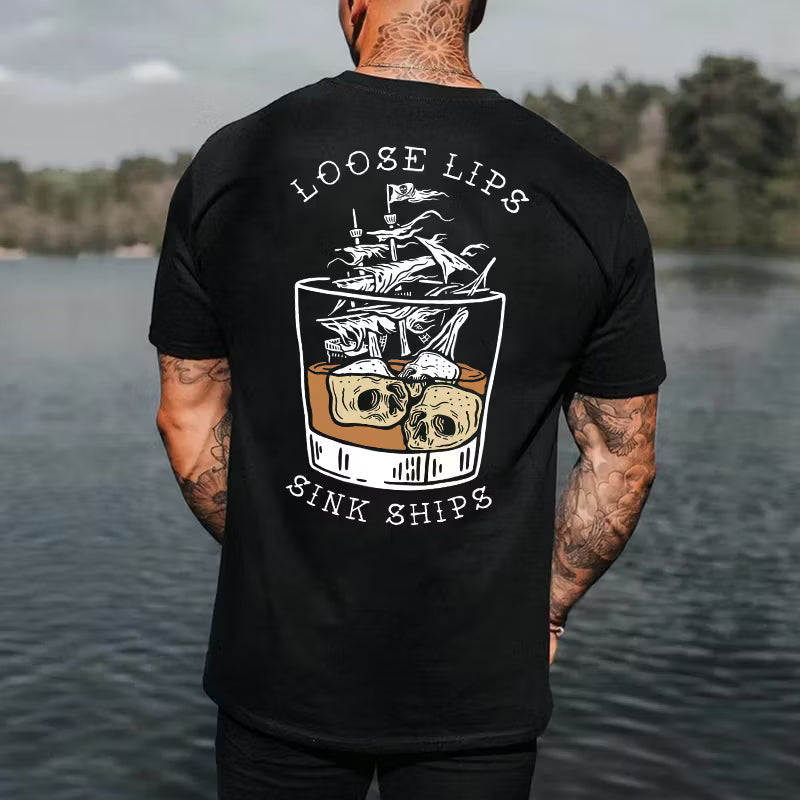 LOOSE LIPS SINK SHIPS Skulls Ship in the Water Graphic White Print T-shirt