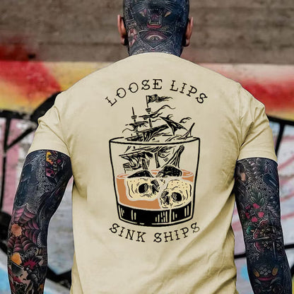 LOOSE LIPS SINK SHIPS Skulls Ship in the Water Graphic White Print T-shirt