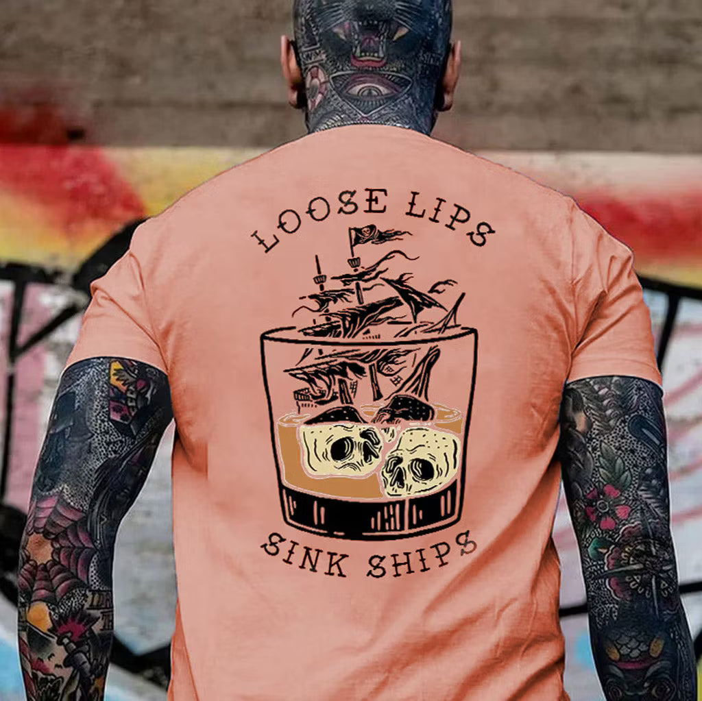 LOOSE LIPS SINK SHIPS Skulls Ship in the Water Graphic White Print T-shirt