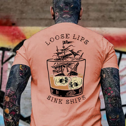 LOOSE LIPS SINK SHIPS Skulls Ship in the Water Graphic White Print T-shirt