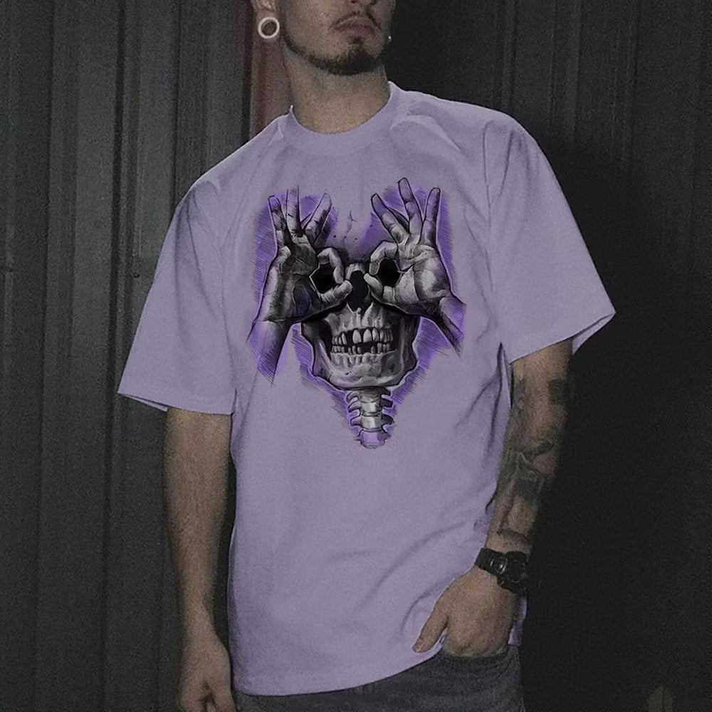 Skull with OK Pattern Graphic Casual Black Print T-shirt