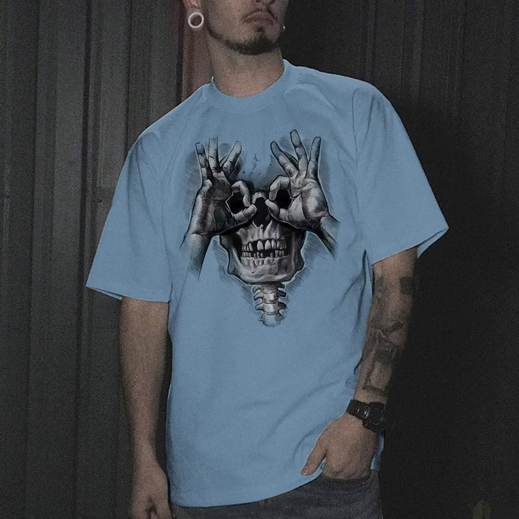 Skull with OK Pattern Graphic Casual Black Print T-shirt