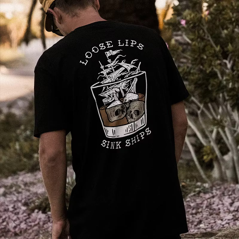 LOOSE LIPS SINK SHIPS Skulls Ship in the Water Graphic White Print T-shirt