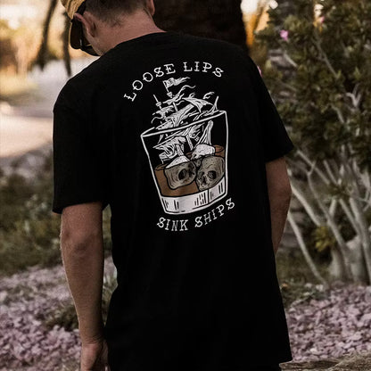 LOOSE LIPS SINK SHIPS Skulls Ship in the Water Graphic White Print T-shirt