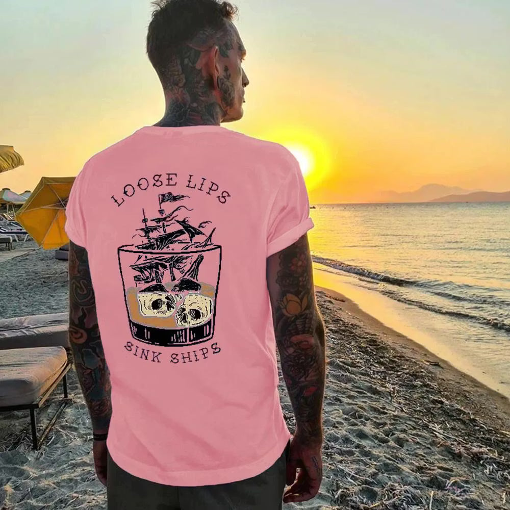 LOOSE LIPS SINK SHIPS Skulls Ship in the Water Graphic White Print T-shirt