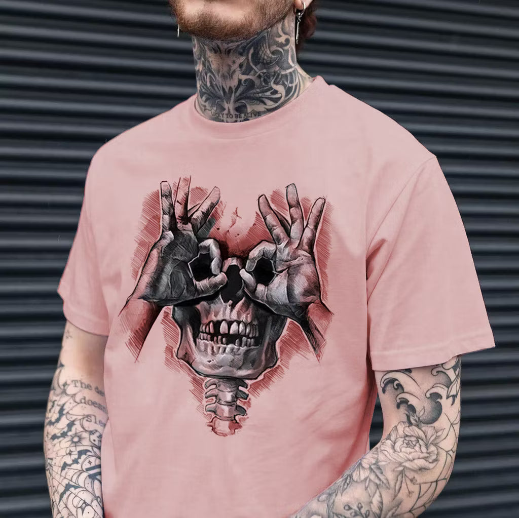 Skull with OK Pattern Graphic Casual Black Print T-shirt