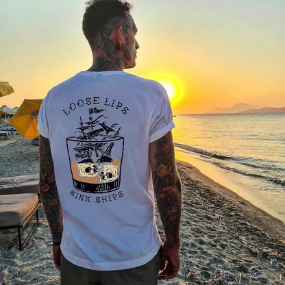 LOOSE LIPS SINK SHIPS Skulls Ship in the Water Graphic White Print T-shirt