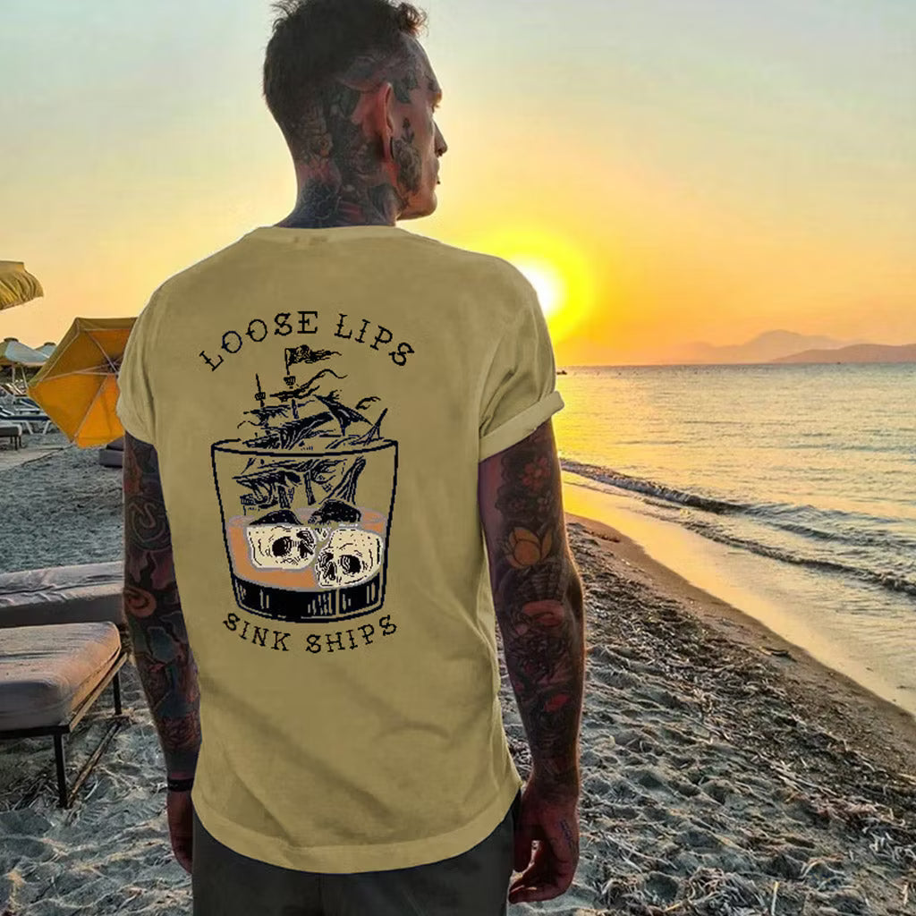LOOSE LIPS SINK SHIPS Skulls Ship in the Water Graphic White Print T-shirt